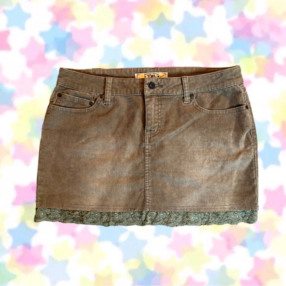 Y2K Beige Corduroy Lace Trimmed Mini Skirt